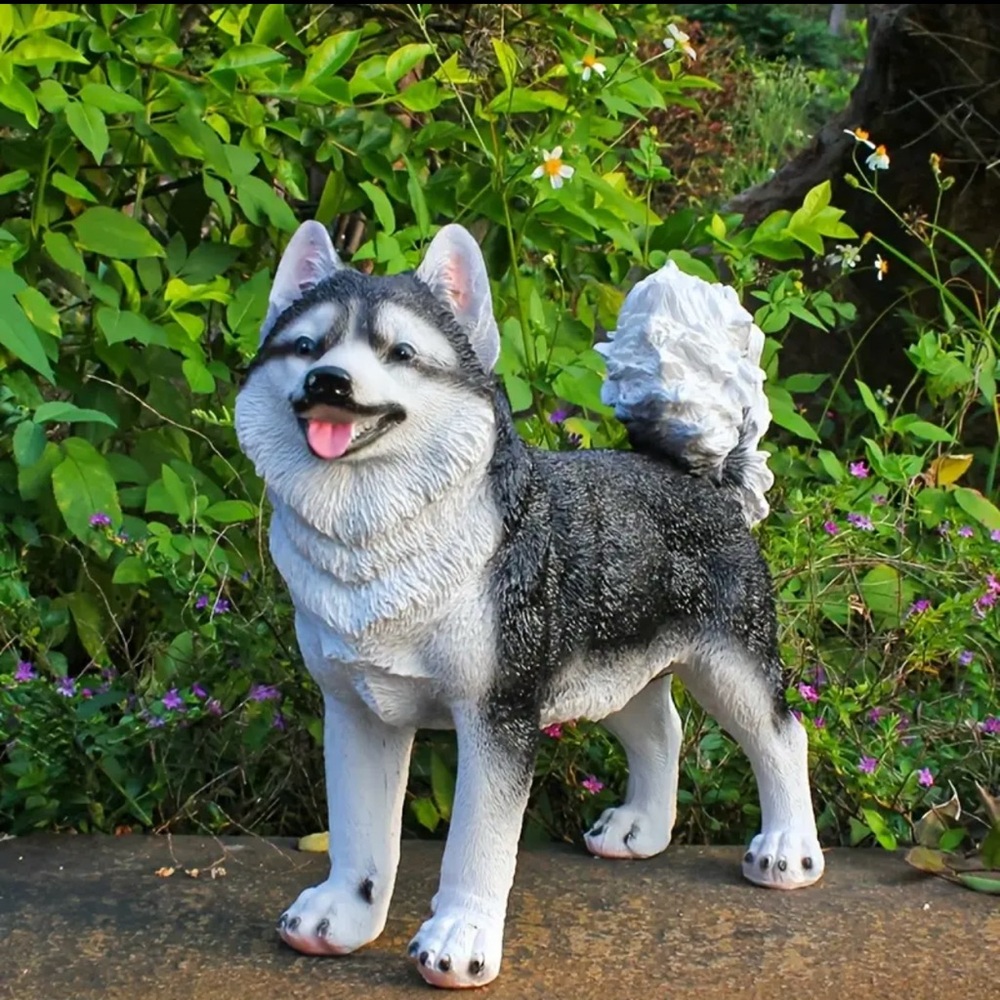 Realistic Black and White Husky Dog Statue